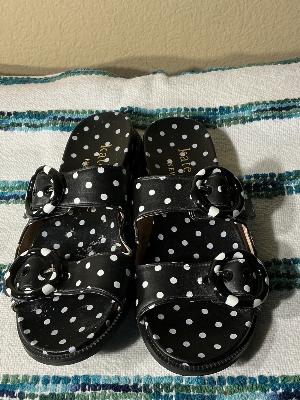 kate spade Black and White Polka Dot Double-Buckle Slide Sandals